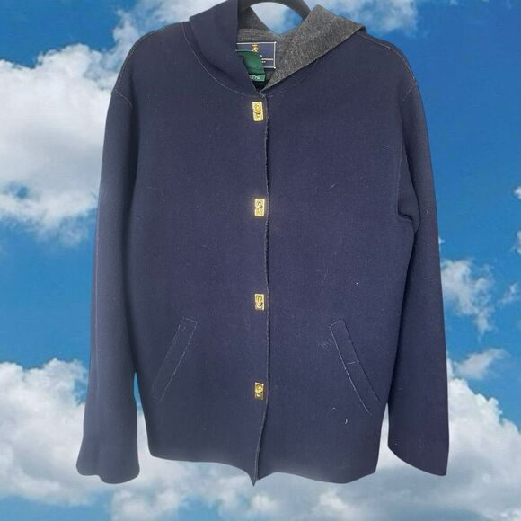 Lauren Ralph Lauren Womens Jacket Small Navy Wool Blend Hooded Twist-Lock Coat